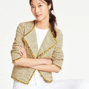 Ann Taylor tweed fringe open jacket in citrus sun